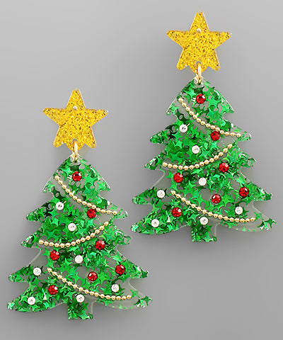 Green Decorated Christmas Tree Earrings