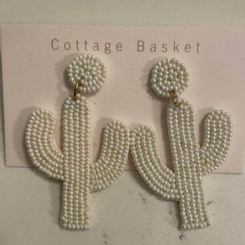 White beaded cactus earrings