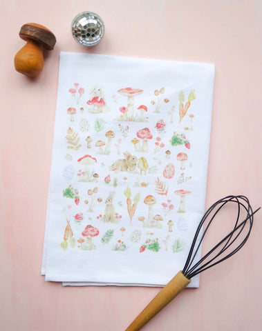 Bunnies and Mushrooms Tea Towel