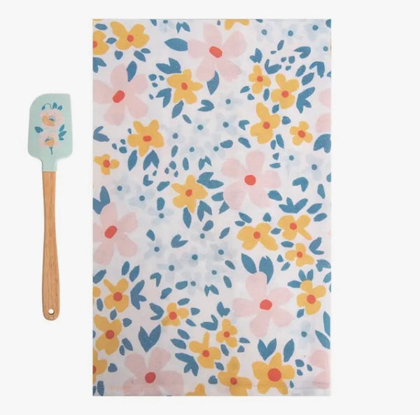 Aqua Floral Kitchen Towel and Spatula Set