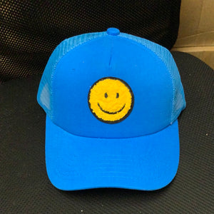 Blue Trucker Hat with yellow Chenille Smiley