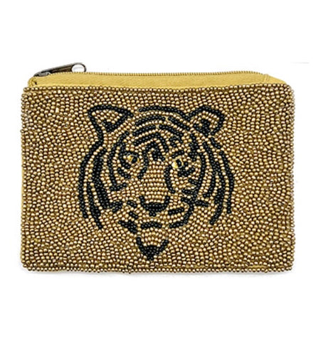 Gold Beaded Pouch with Black Tiger Outline