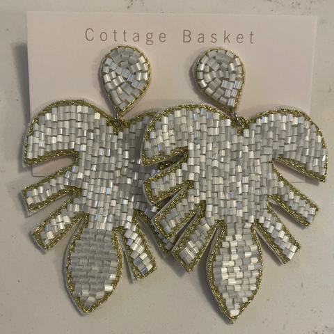 White beaded large leaf earring