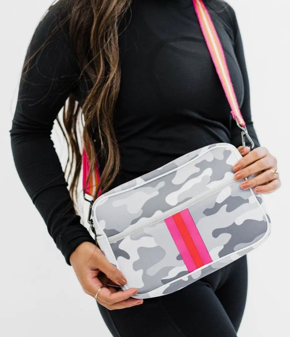 Gray Camo with Pink Stripe Neoprene Crossbody