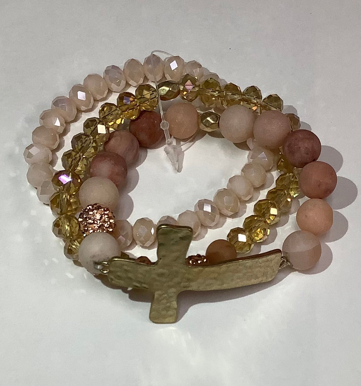 Peach Beaded Cross Bracelet Set