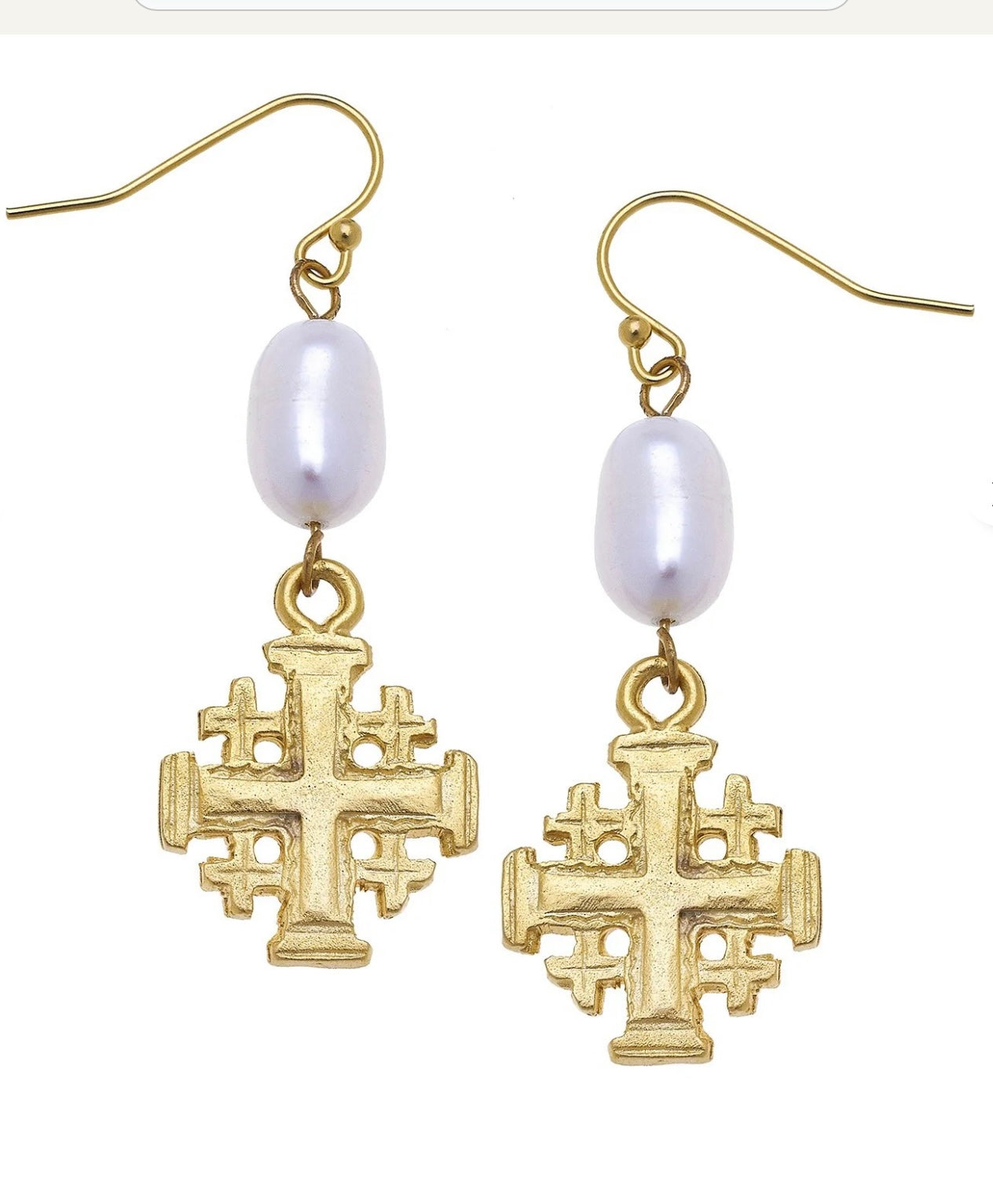 Susan Shaw Medium Gold Jerusalem Cross Freshwater Pearl Earrings