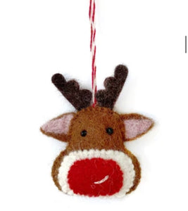 Red Nosed Reindeer Ornament, Felt Wool