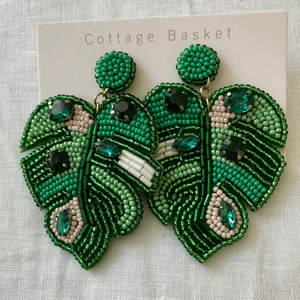 Green beaded leaf jewl earrings