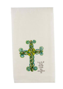 Green floral cross tea towel