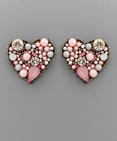 Pink Jeweled Heart Earrings