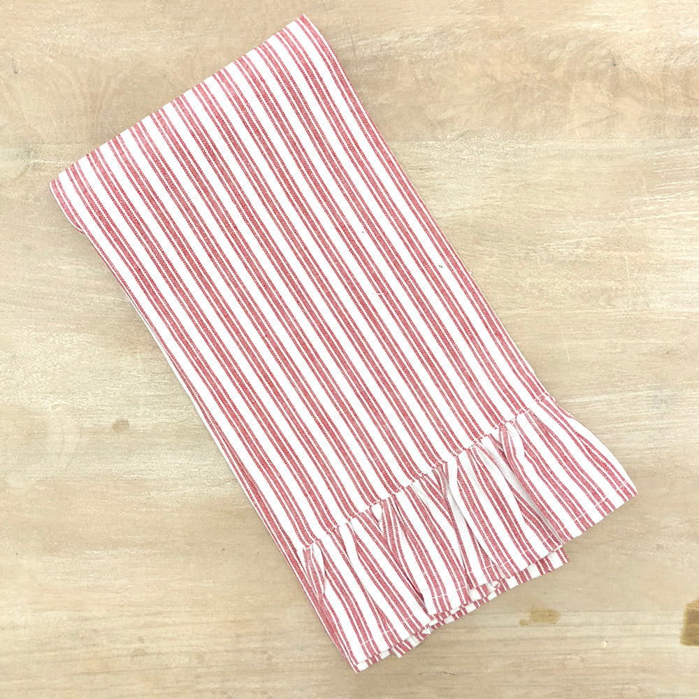 Red striped hand towel with ruffle