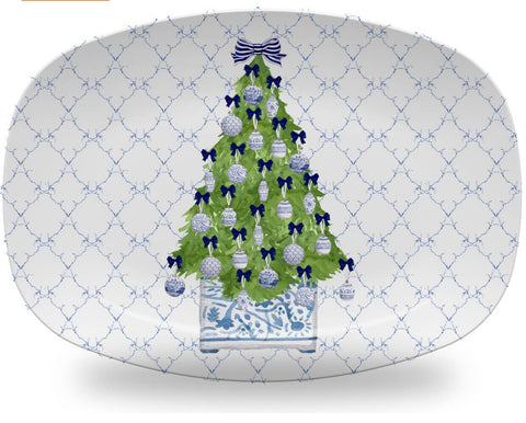 Blue/white Christmas tree melamine platter