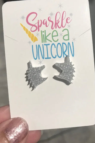 Sparkly Silver Unicorn Stud Earrings