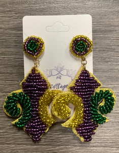 Gold/Purple/Green Fleur de Lis Beaded Earrings
