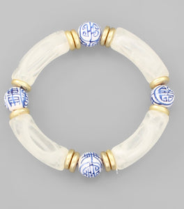Pearlized Bead and Chinoiserie Stretch Bracelet