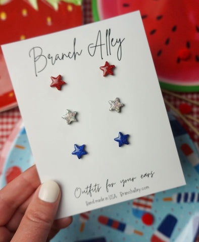 Red, Sparkle, and Blue Star Stud Earrings