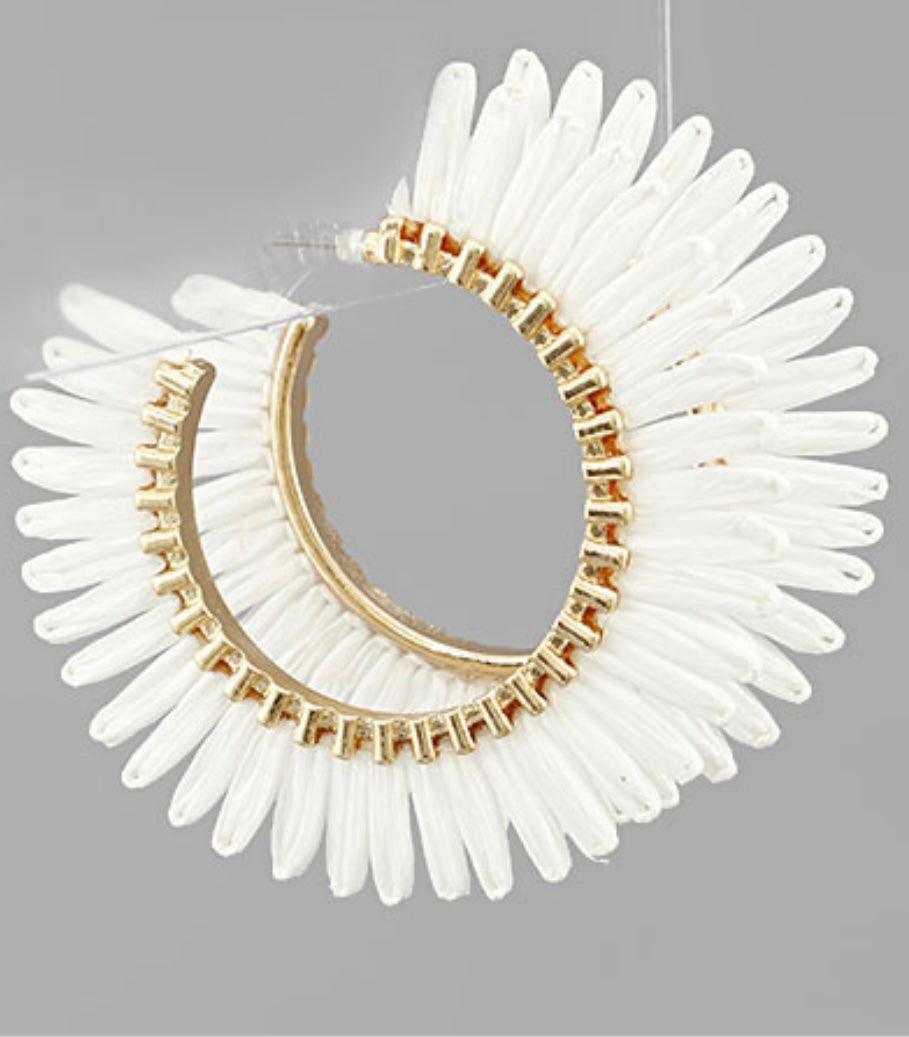 Raffia Fan Hoop Earrings-White