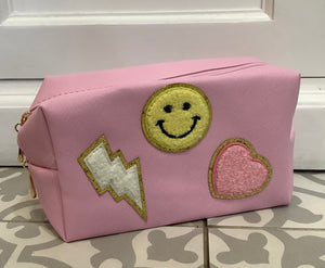 Light Pink Faux Leather Chenille Patch Makeup Bag