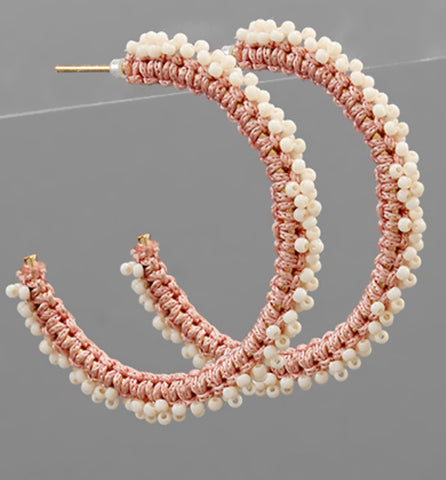 Crochet and Bead Hoop Earrings-Pink