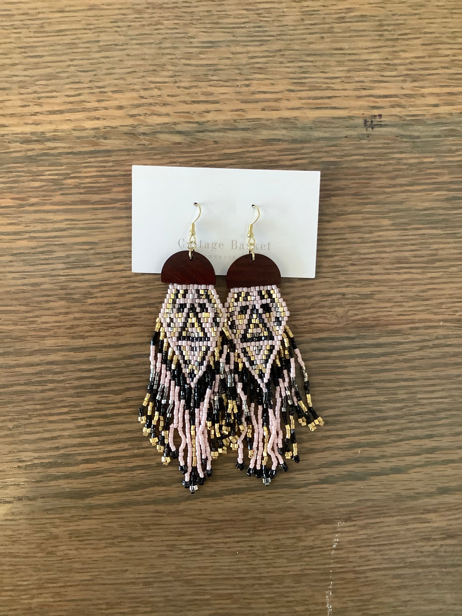 Pink/black/gold beaded earrings