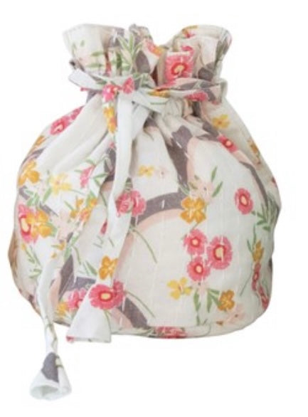 Drawstring Jewelry Pouch-White with Pink Flowers