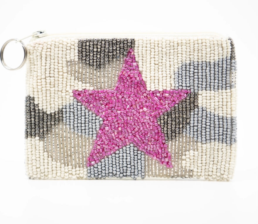 Gray Camo with Pink Star Beaded Pouch