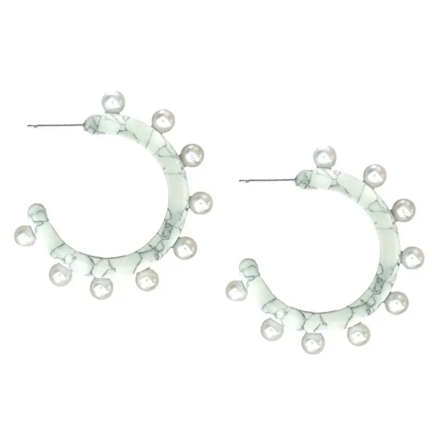 Gray Marble and Pearl Hoop Earrings