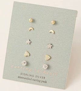 Sterling Silver Pave Heart Star Stud Earrings Set