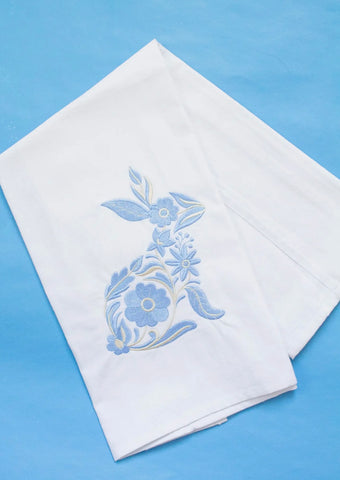 Blue and Beige Floral Bunny Embroidered Tea Towel