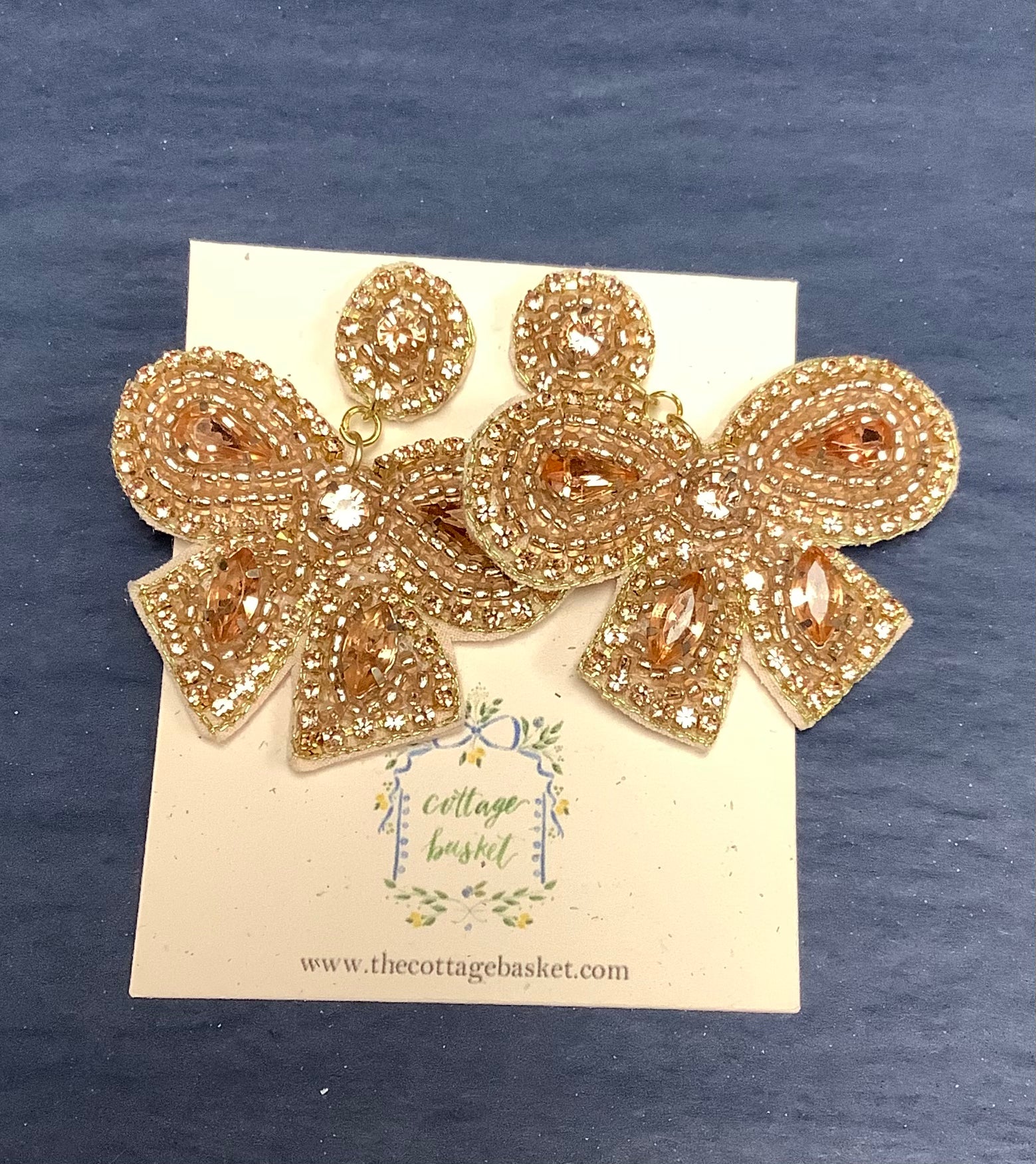 Rose Gold Rhinestone and Bead Bow Earrings