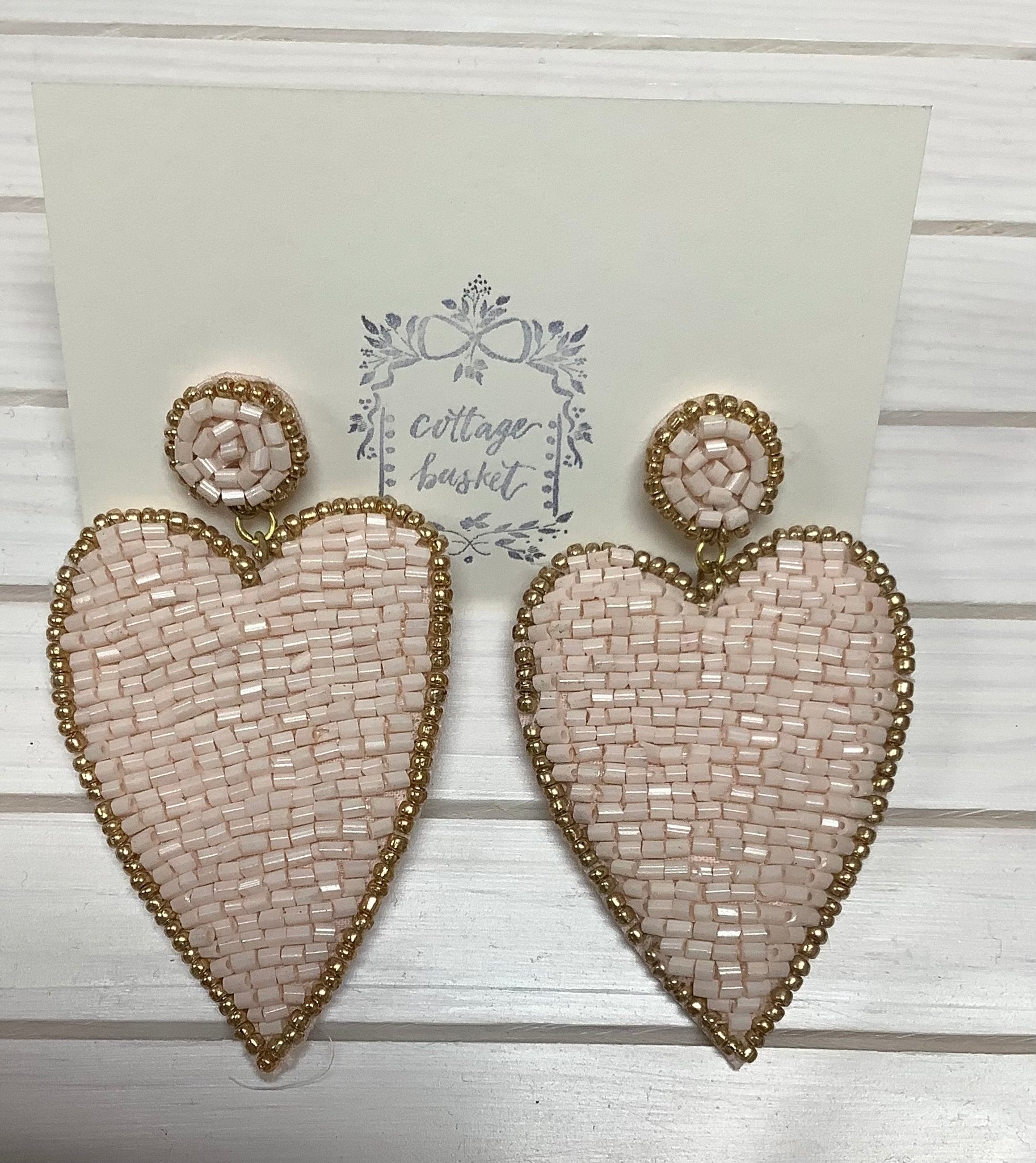 Pale Pink Beaded Heart Earrings