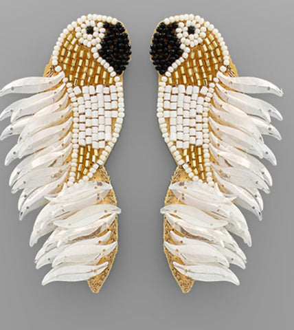 Sequin and Bead Parrot Earrings-White
