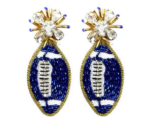 Blue and White Beaded Football Earrings
