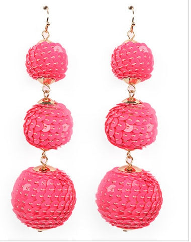 Bright Pink Sequin 3-Ball Drop Earrings