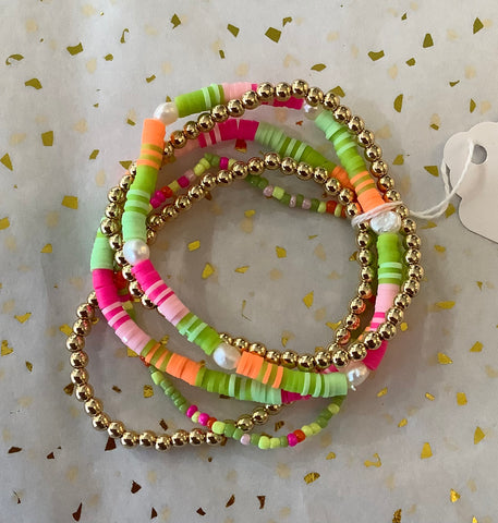 Hot Pink/Green and Gold Bead Bracelet Set