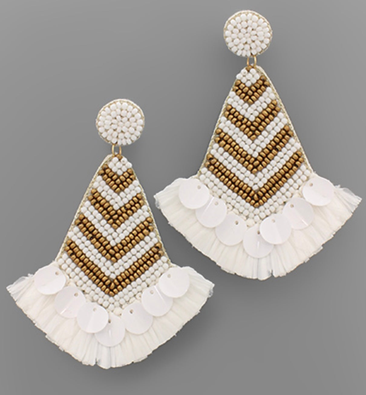 Triangle Beaded Fringe Earrings-White/Gold