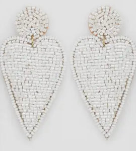 White Beaded Heart Earrings