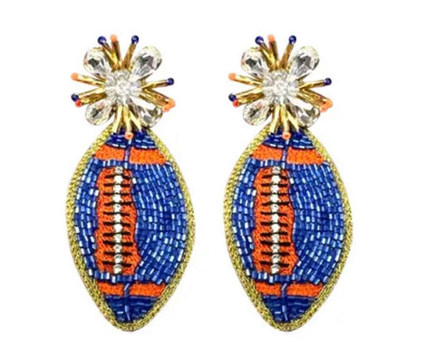 Orange and Blue Beaded Football Earrings
