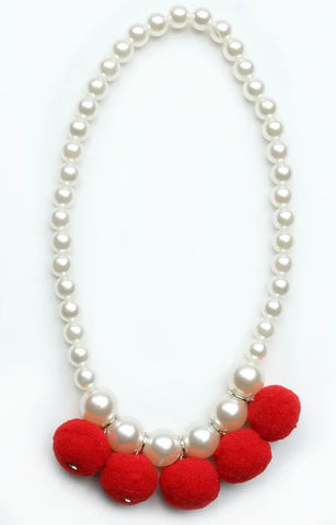 Red Pom-Pom and Pearl Necklace