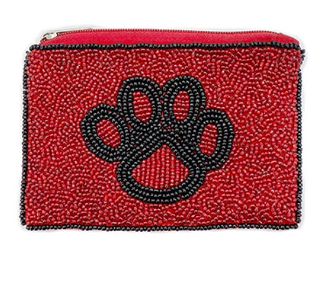 Red/Black Bulldog Paw Print Beaded Pouch