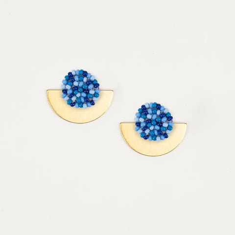 Blue Sprinkle Beads on Gold Half Circle Earrings