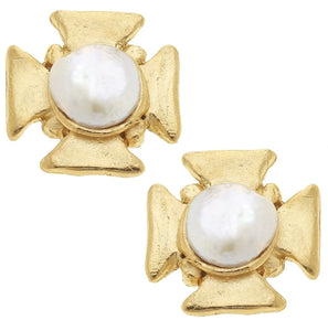 Susan Shaw Gold Cross and White Coin Pearl Earrings (1828W)
