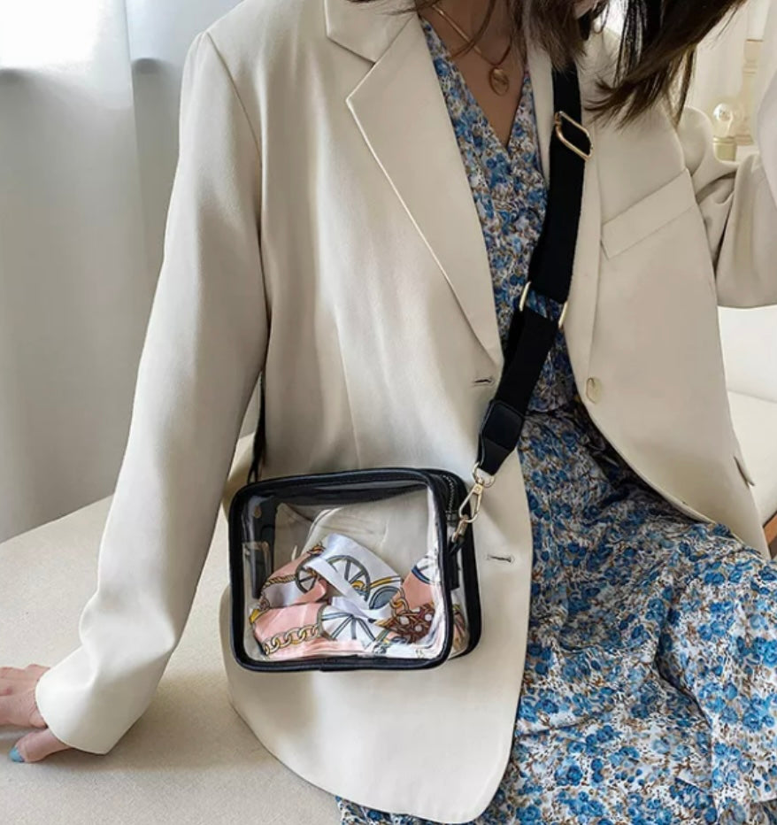 White Clear Crossbody Bag with Cotton Strap and Scarf