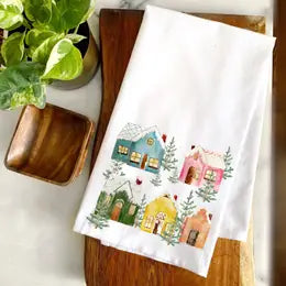 Colorful winter Cottages Tea Towel