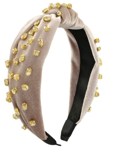 Jeweled Velvet Knotted Headband Taupe/Topaz