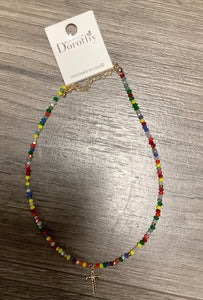 Multicolor Bead with Gold Cross Necklace