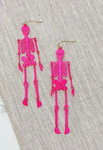 Neon Pink Filigree Skeleton Earrings