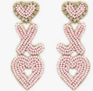 Pale Pink Heart XO Beaded Earrings