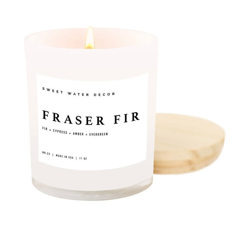 Fraser Fir Candle in White Jar with Wood Lid