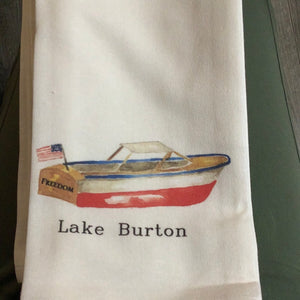 Lake Burton boat tea towel